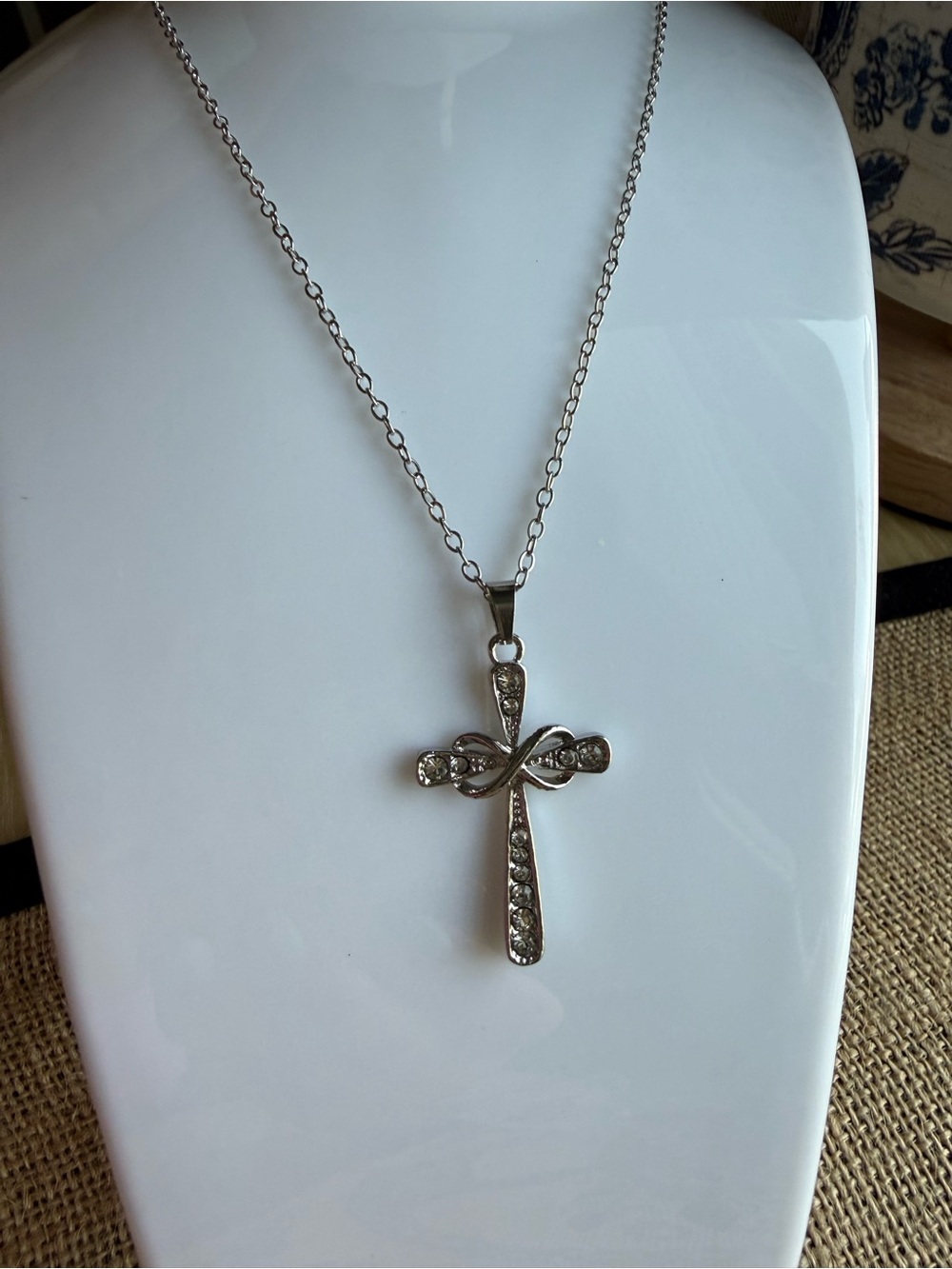 Silver Cross Pendant Necklace with Crystal Accents